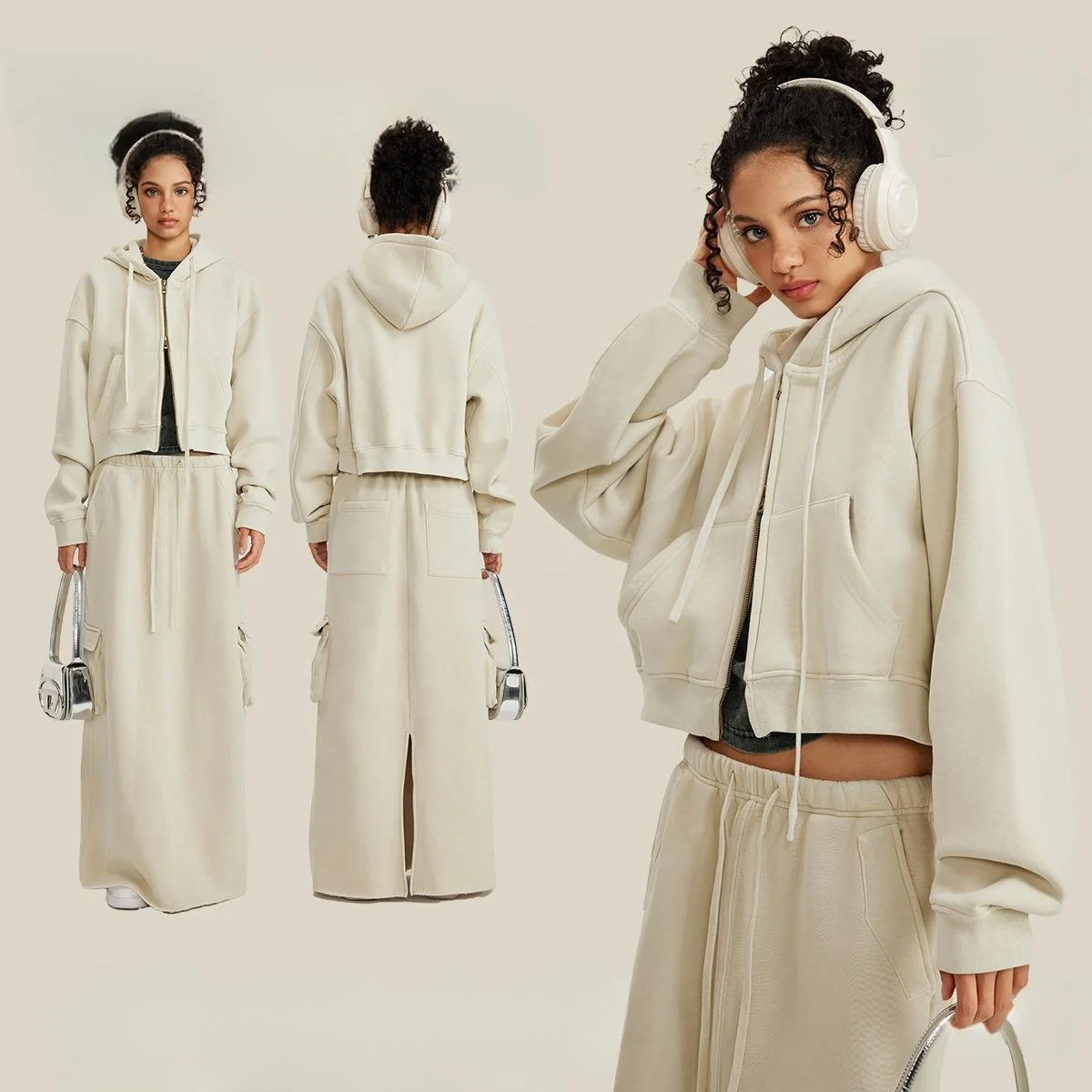 355G Autumn winter washed fleece hooded cardigan Long straight skirt suit sweatshirt short sport coat athletic jacket sets women