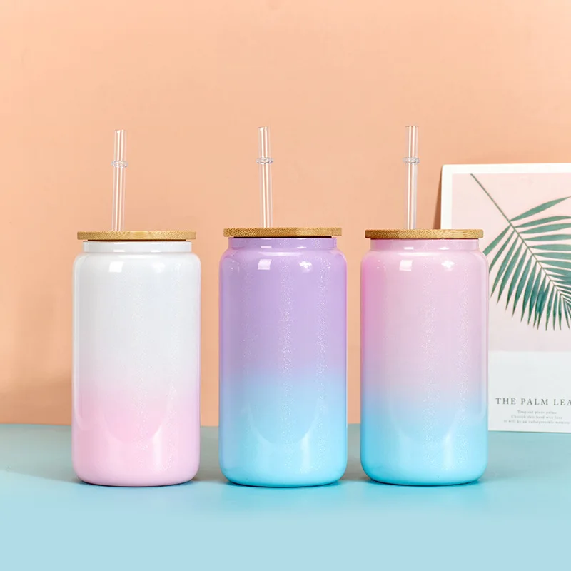 USA warehouse Drinking Blank Sublimation 16oz Beer Glass Can BPA Free 16oz Colored Clear Glass Bottle with Colored PP Lids