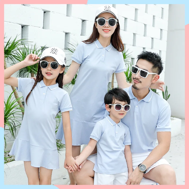 
2019 Summer New Design Solid Color Polo T-shirt Women Dress Family Matching Clothing Set 