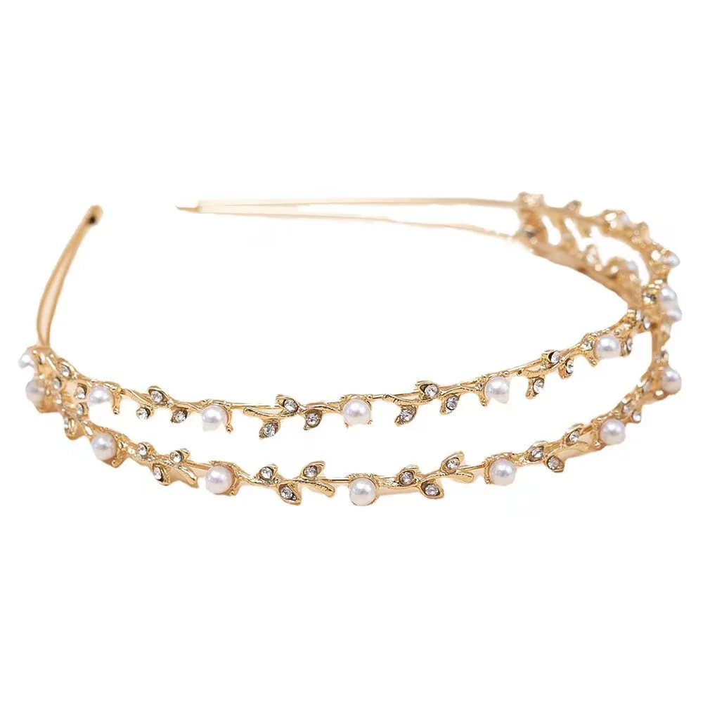 Wholesale Popular Korean Style Bridal Hair Accessories Pearl Diamond Double Layer Slim Girl Headband Tiara