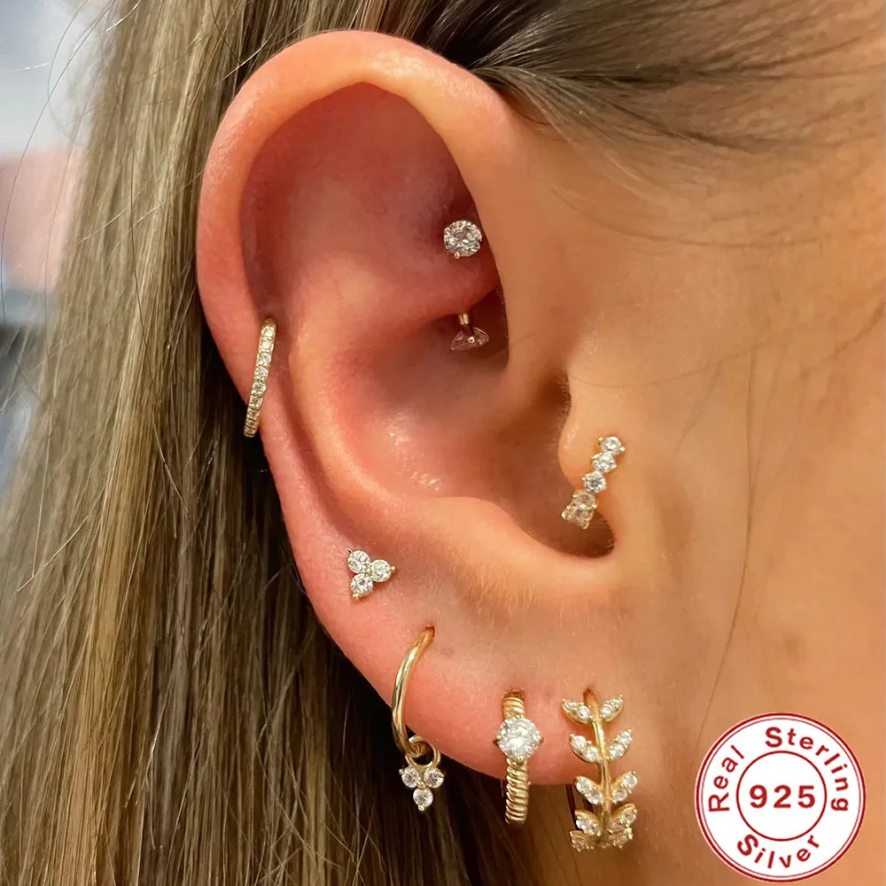S925 Sterling Silver Gold Plated Cartilage Geometric Puncture Micro Inlaid Zirconia Leaf Hoop Earrings Zircon Circle Earring