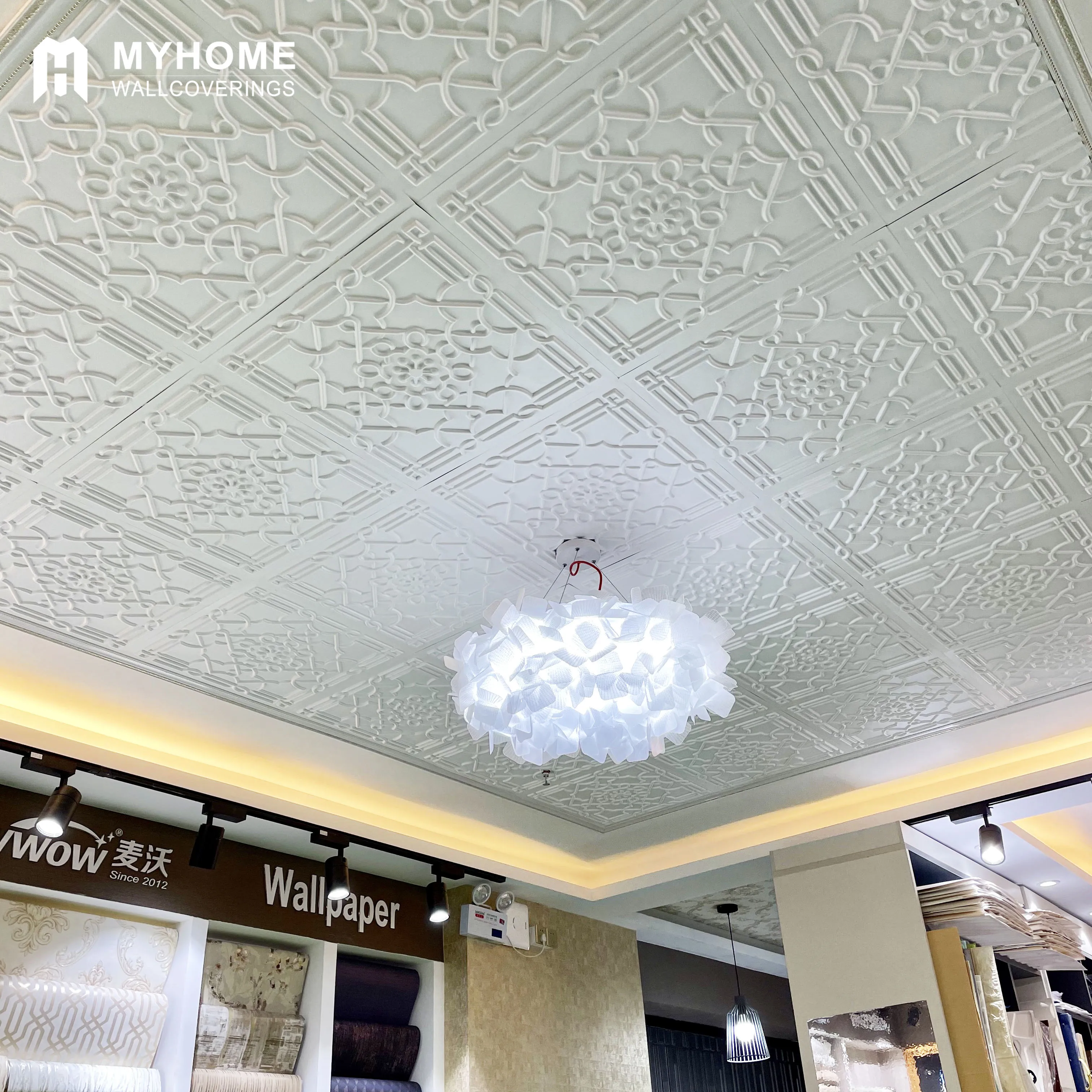 Decorative Glue up Square Relief in Matt White Ceiling Tiles PVC Ceiling Panels