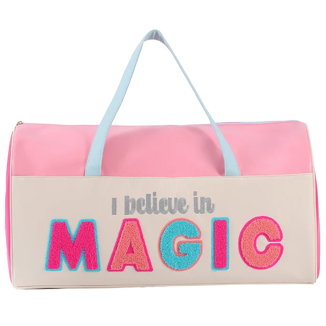 Custom magic travel luggage bags letter embroidery patches Pu leather women yoga bags waterproof travel storage bag