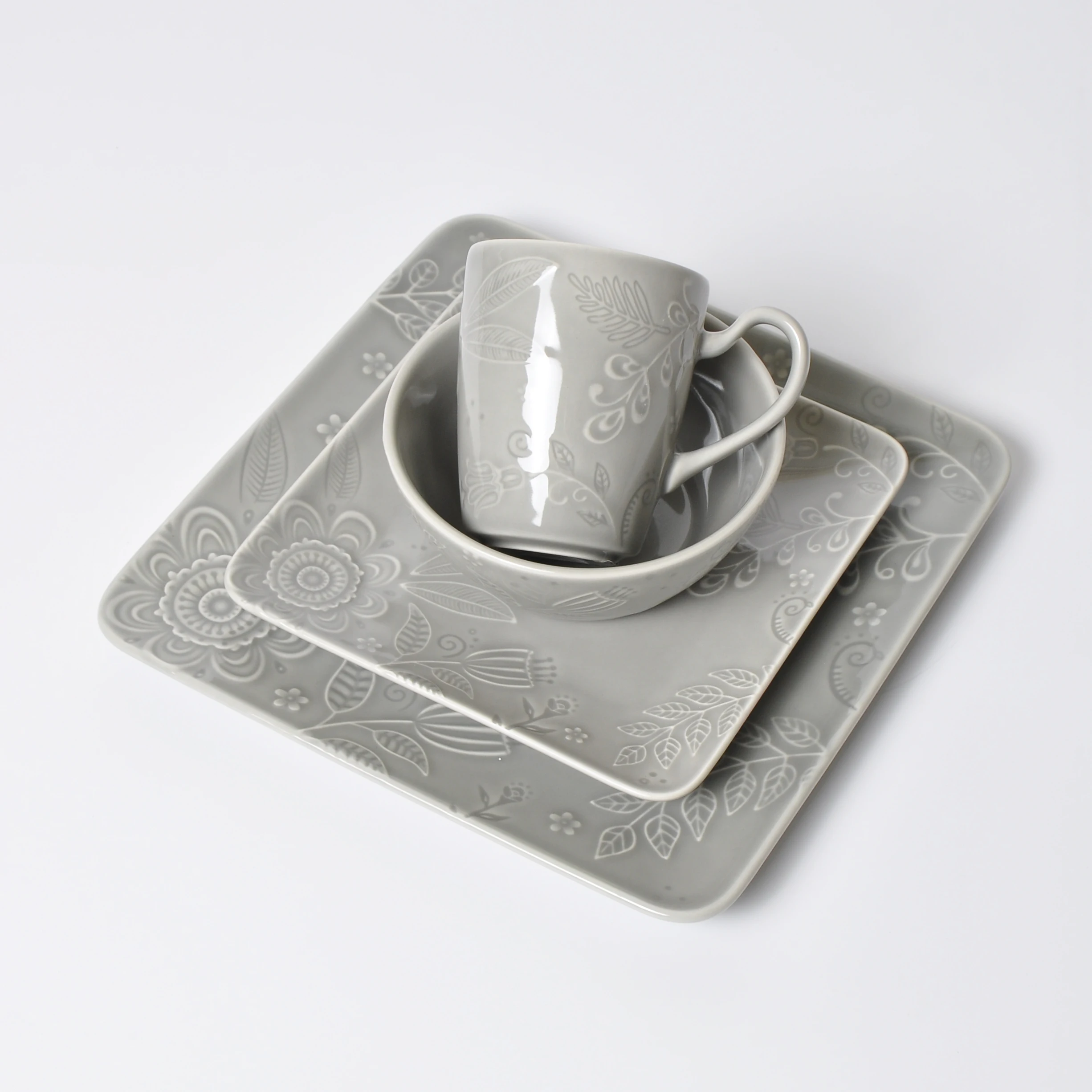 
16 pcs set Design Embossed Intaglio Flower Reactive China Dinnerware Sets Porcelain 