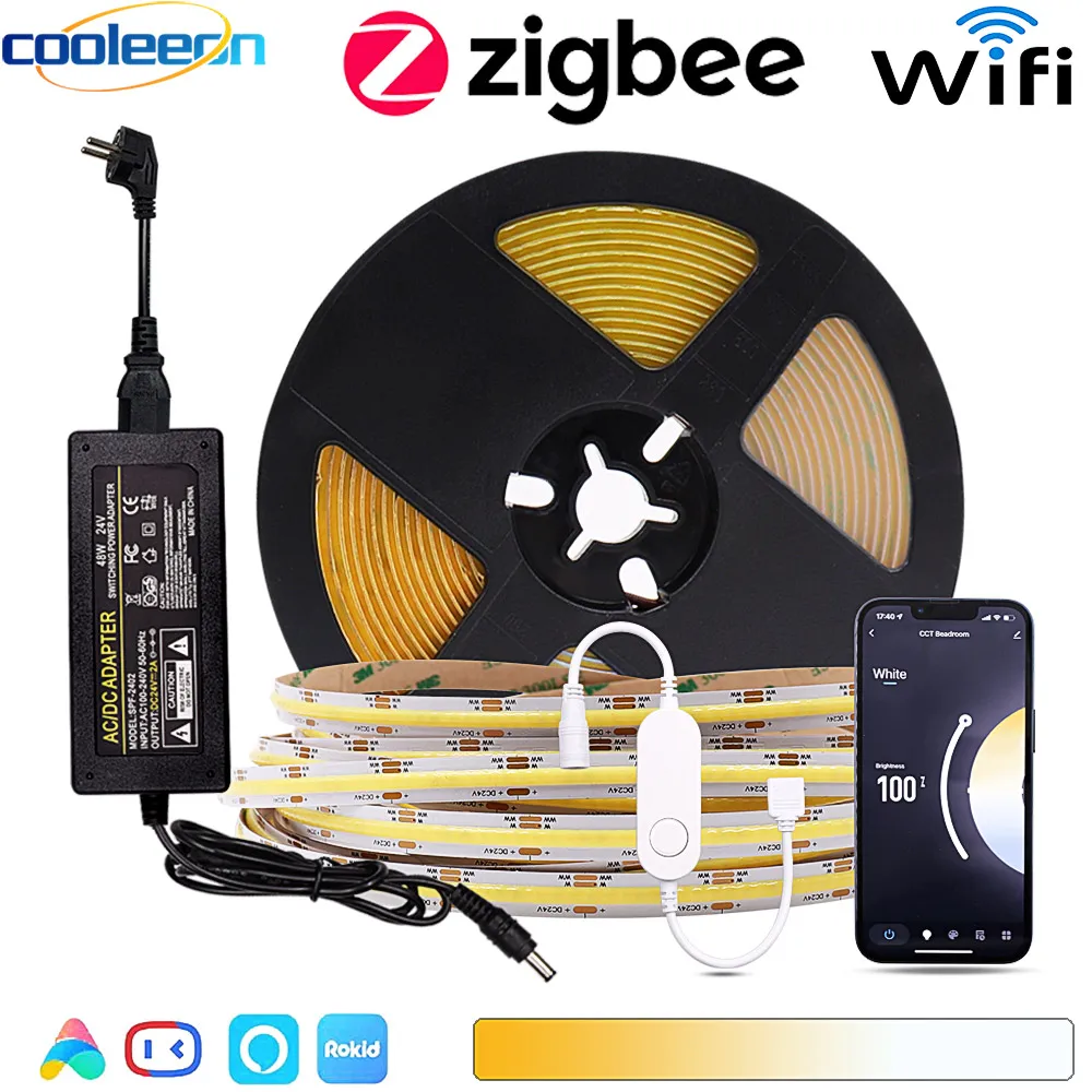 Светодиодная лента CCT COB с Wi-Fi контроллером Tuya Zigbee, 5 м, 2700 ~ 6500K