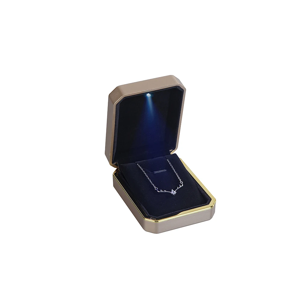 Led light ring box custom logo silkscreen printing gold plastic piano lacquer led jewelry box luxury pendant box