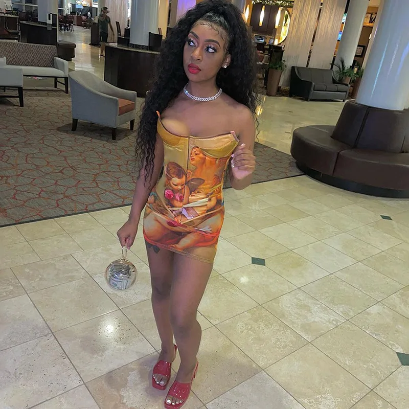 Wholesale 2021 new arrivals spring dresses women two piece off shoulder corset bodycon mini skirt set print dress