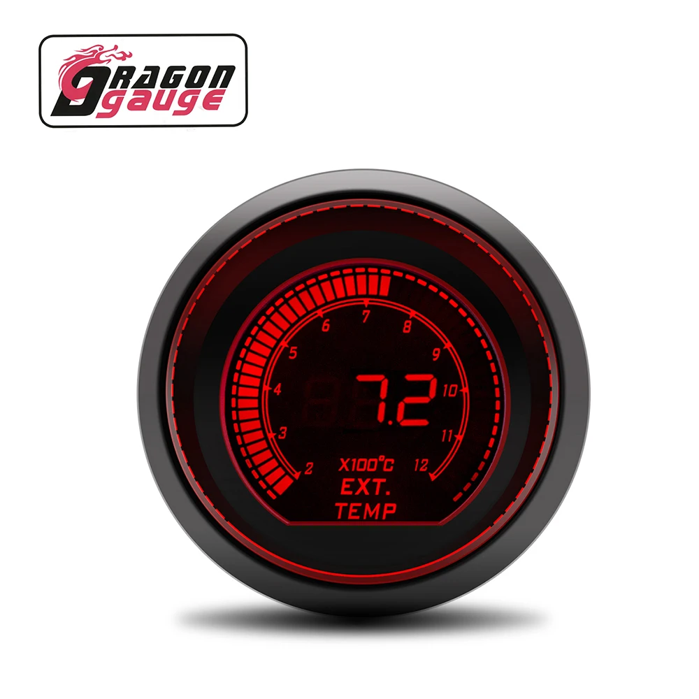 DRAGONGAUGE LCD 52mm Universal Dual View Digital Auto Racing EGT Meter EXT Temp Exhaust Temperature Gauge With Sensor (6259-B)