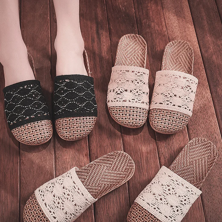 
2021 New Design Ladies Casual Slides Lace Sandals Flats Linen Hollow Slippers Summer Indoor Shoes 