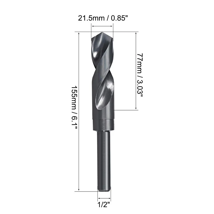 21.5mm Reduced Shank Drill Bit HSS 6542 Black Oxide with 1/2 Inch Straight Shank