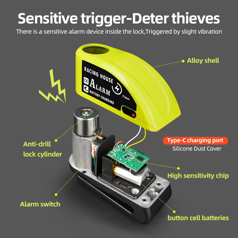 Bicycle Alarm Disc Brake Lock Motorcycle Rechargeable Disc Brake Lock 110 Db Waterproof Security Anti-Theft Mtb Alarm Lock