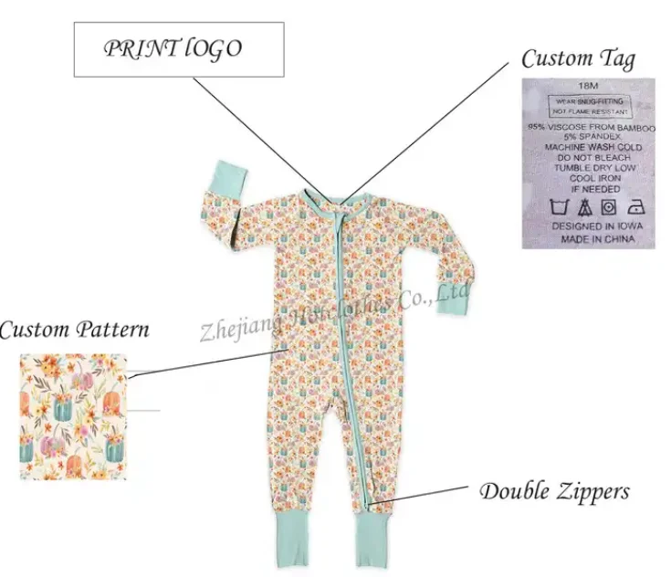 Wholesale Kids Footie Zipper Baby Bamboo Spandex Pajamas