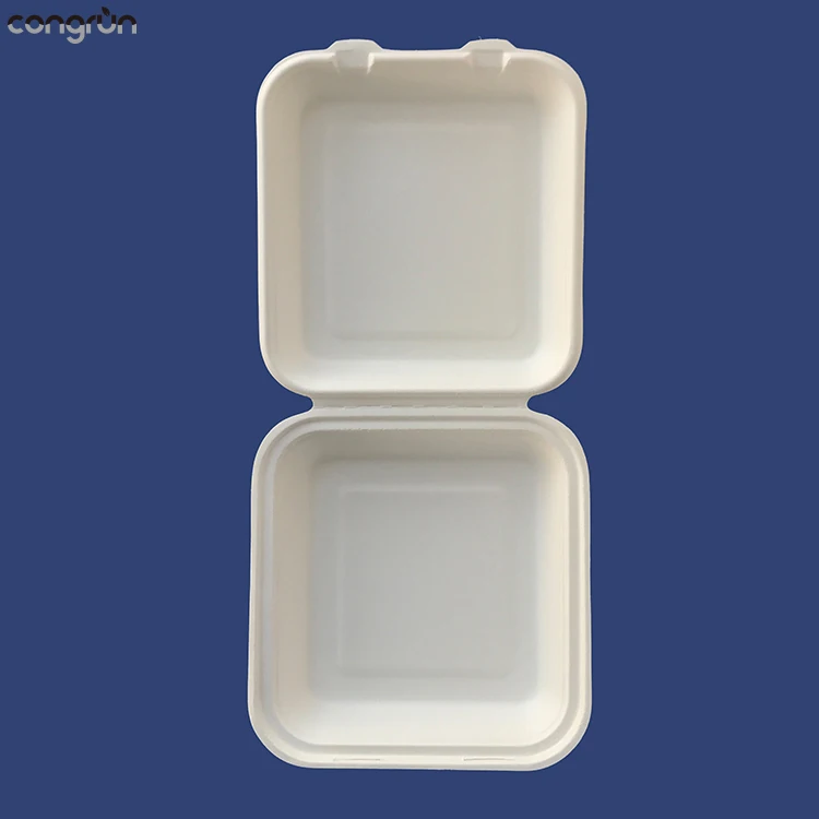 9 inch clamshell food take-out box sugarcane bagasse disposable biodegradable fast food packaging take away  box for kids snack