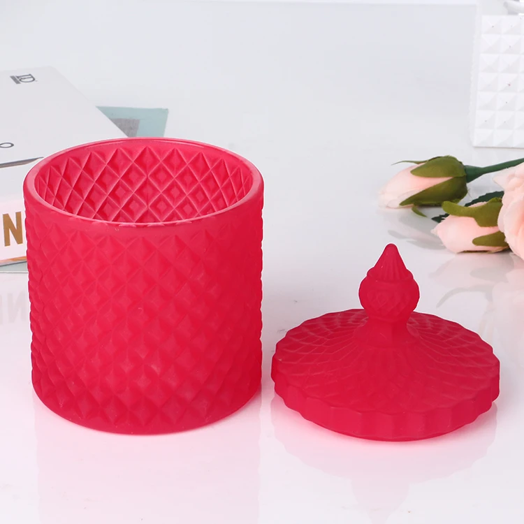 Luxury Diamond Geo Cut Glass Candle Jar Vessel Red Glass Candle Jars For Candles