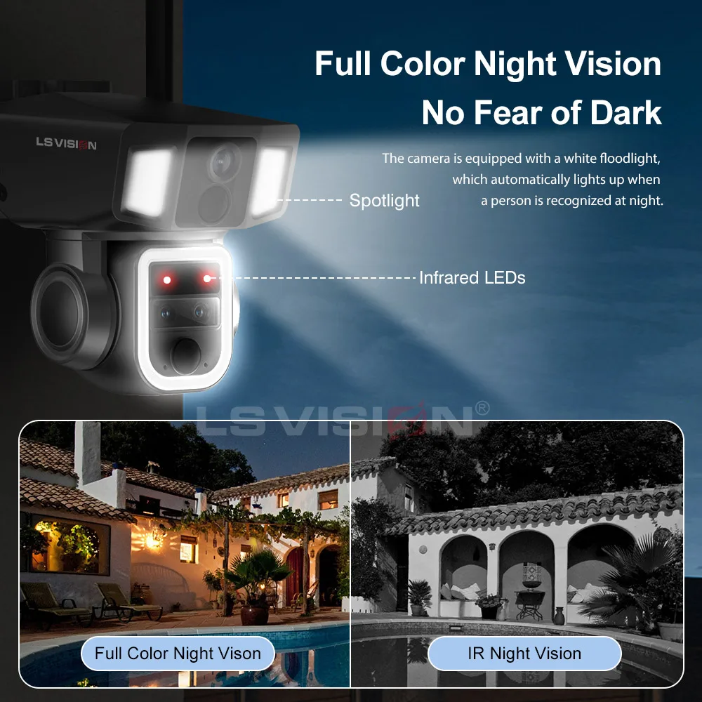 LS VISION Surveillance Dual Lens 2K 4G WIFI 4MP Solar Panel 10X Optical Zoom PTZ Security Light Alarm Battery Camera Outdoor