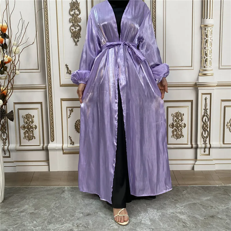 Abaya Shiny Satin Large Bell Sleeve  Women Muslim Dress Turkey With Belt  Open Abaya Robe Islamic Clothing For 2023 Eid