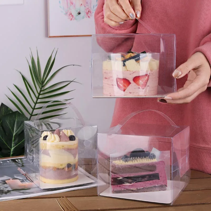 Wholesale 2 icnh Square Plastic Transparent PET Cheese Donut Puffs Food Packaging Sushi Pastry Box Clear Cake Box With Handle