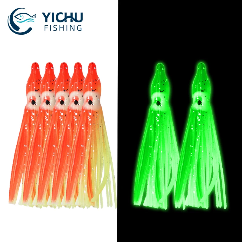 5pcs/bag Glow squid for fishing soft rubber hoochies octopus squid skirt bait seawater for bass tuna