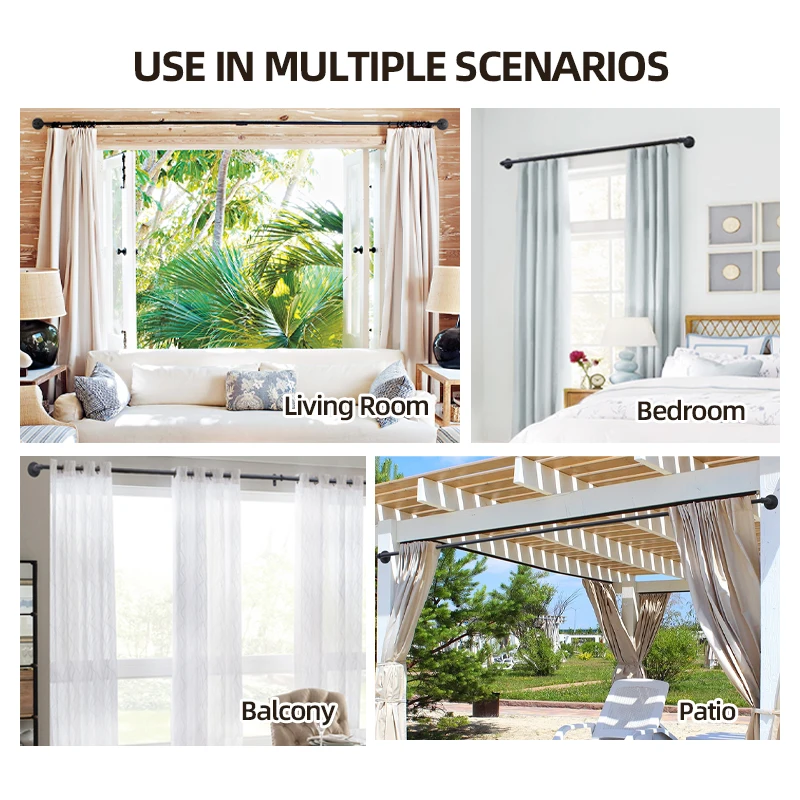 ARODDY 3m Heavy-Duty Black Iron Curtain Rod Set 66-144 Inch Adjustable Rustic Modern Design Metal Pole Home Outdoor Patio Window