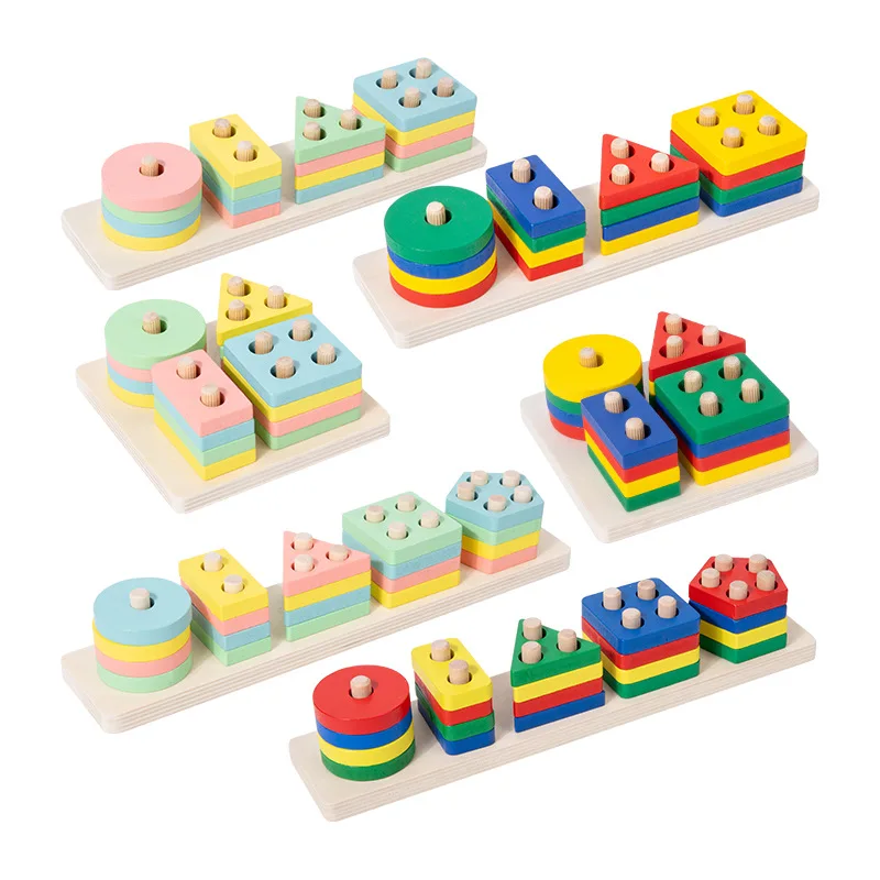 Colorful Geometric Blocks Montessori Materials Educational Wooden Toy Equipment Stacking Game