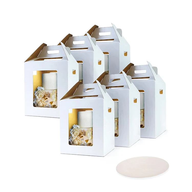 Hot sale factory new design foldable corrugated cake box birthday cake take out box for cake shop with handle and board clear
