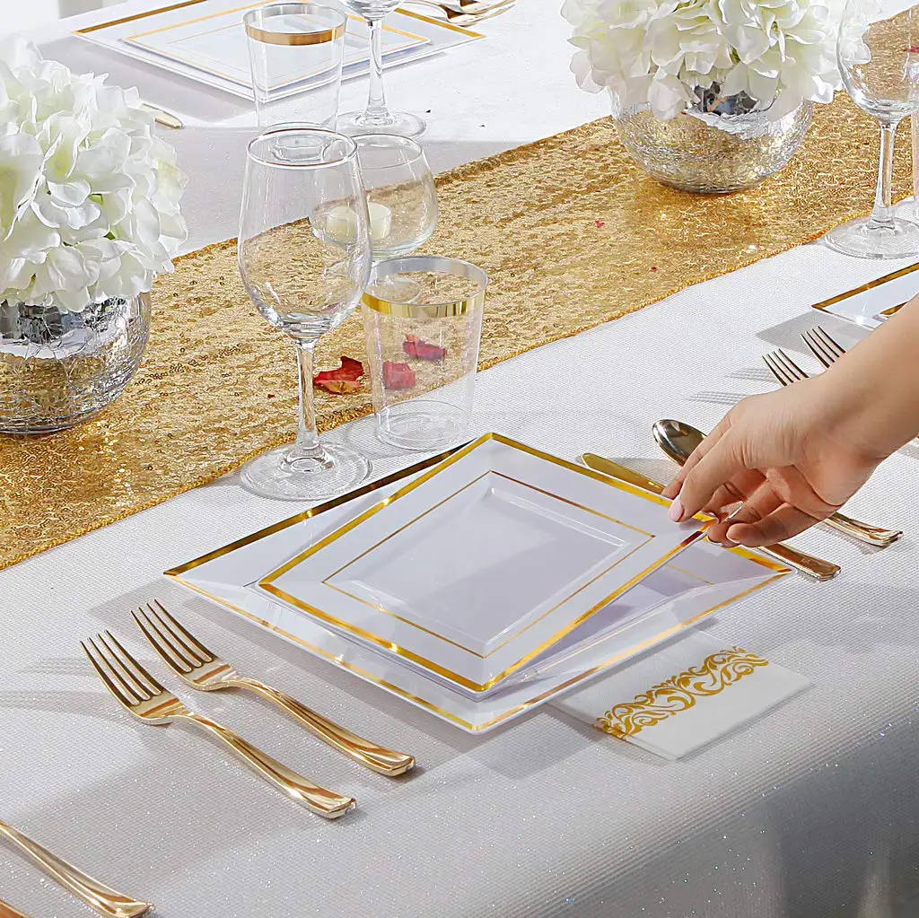 150pcs Disposable Plastic Square Tableware include 9.5in and 7in plate/knifes/forck/spoon/cup for 25 people party set or wedding