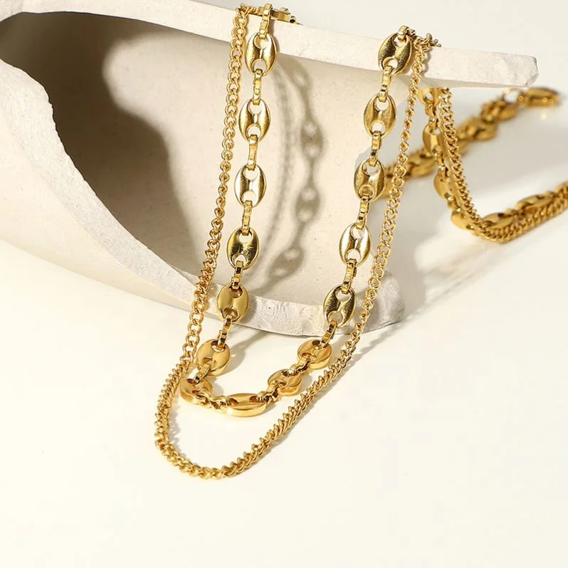 New Simple Double Layer Chain Link Chocker Women Jewelry 18K Gold Plated Stainless Steel Necklace