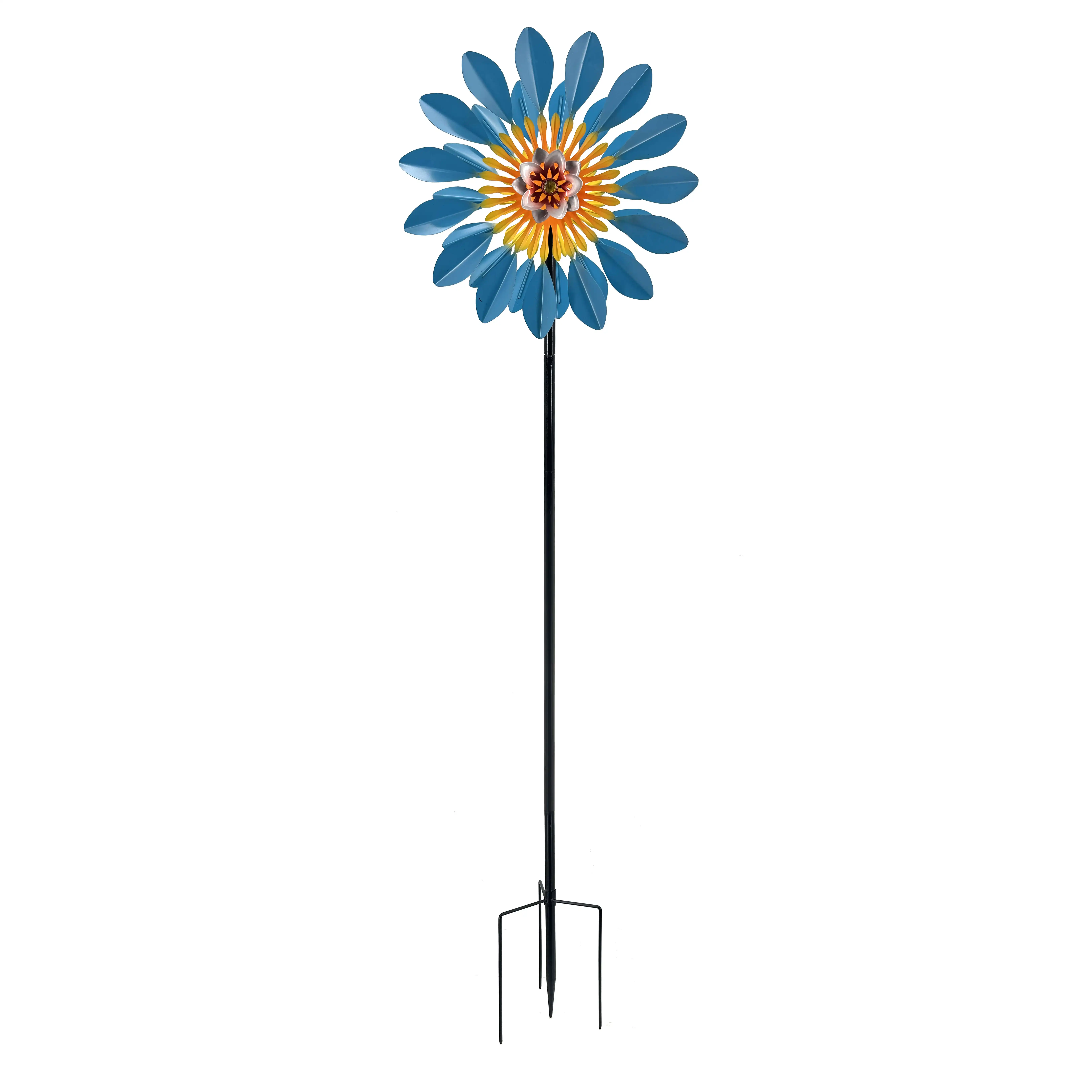 Waterproof Metal Colorful Flower Wind Spinner Stake Decor Garden Double Windmill Stake for Garden Decor