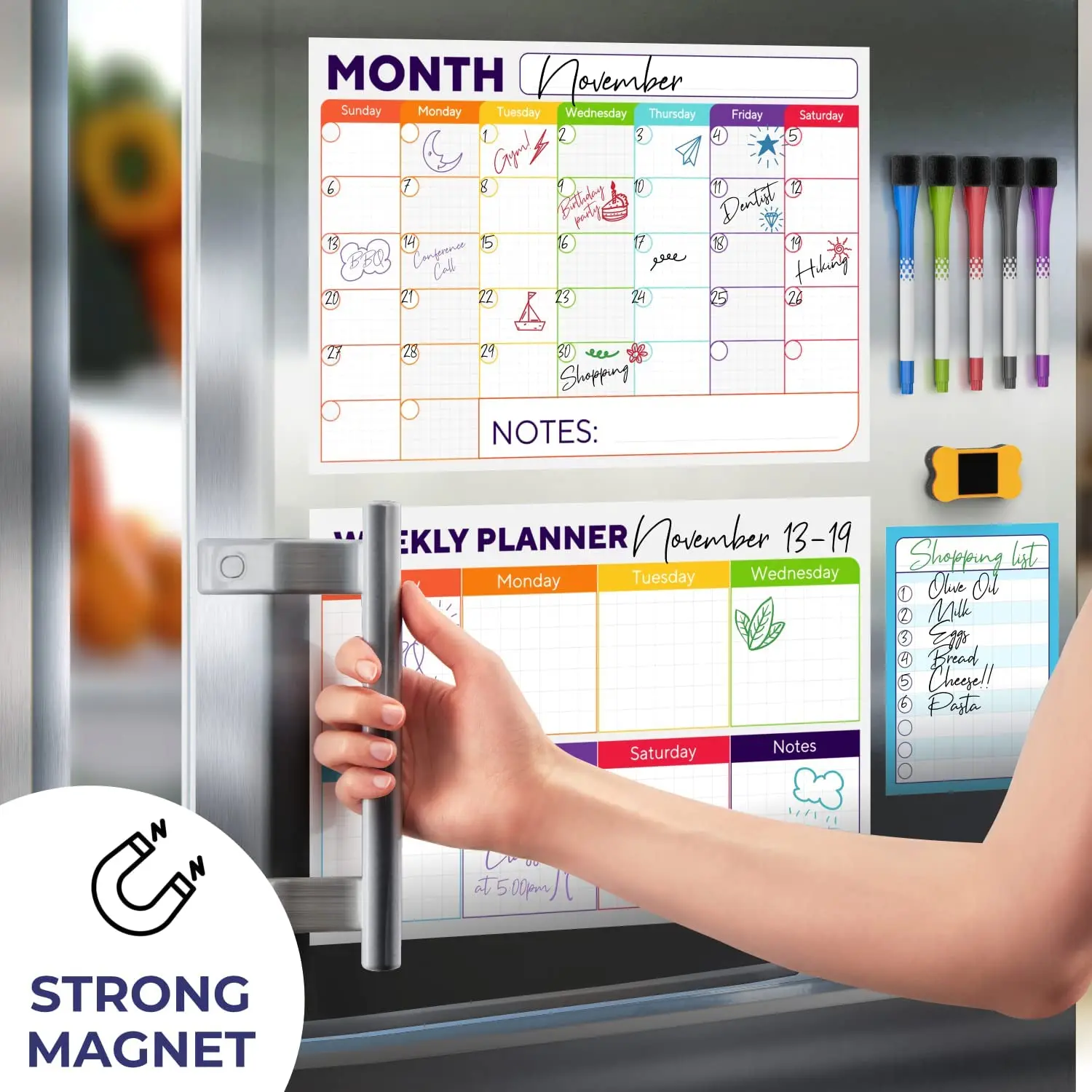 Magnetic Dry Erase Whiteboard Calendar for Fridge Set of 3 - Includes: Monthly, Weekly & Daily Calendar Whiteboard, Grocery List