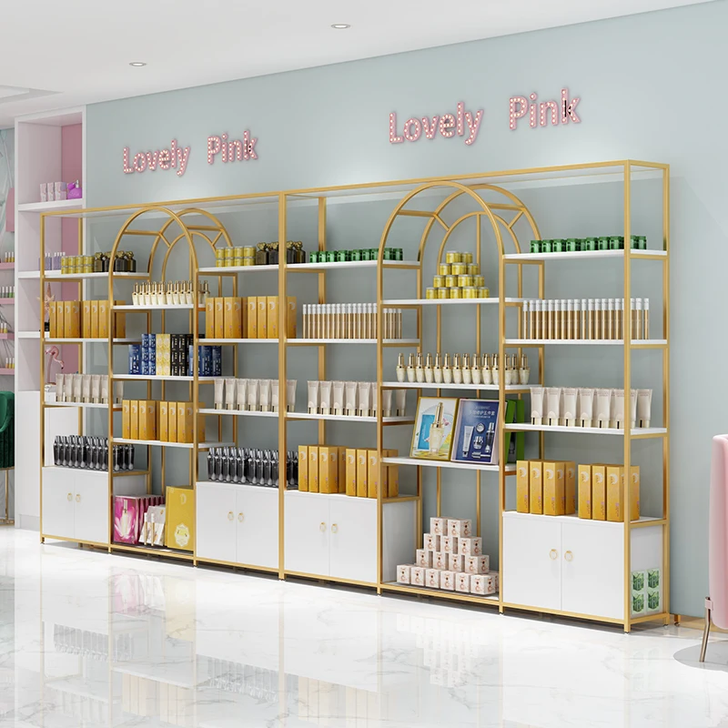 Wholesale Nordic light luxury Simple Floor Shelf Display Cabinet for hair nail skin care Salon products metal Storage Rack