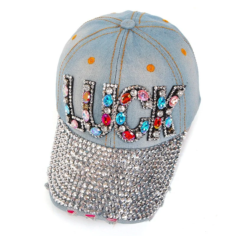 Private Label Handmade LUCK Drill Female Personality Washed Denim Baseball Cap