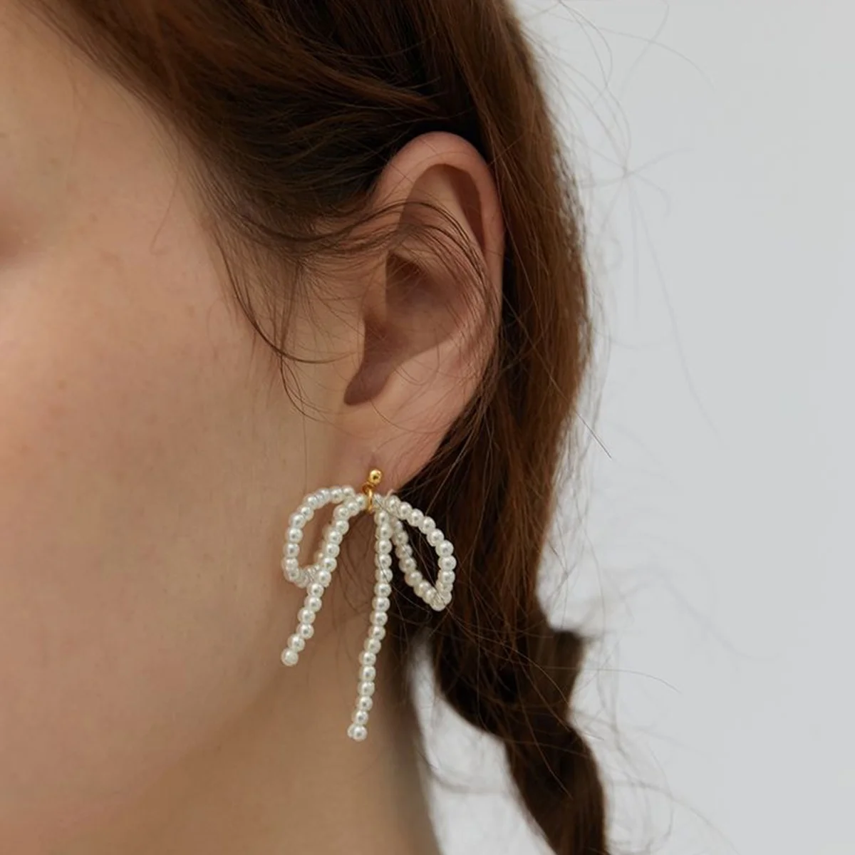 J&D Cute Bowknot Beads Design Glass Pearl 18K Real Gold PVD Plated Stainless Steel Bow Stud Earrings For Girls Daily