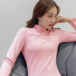 New 2021 Winter Women Basic T Shirt Long Sleeve Turtleneck Elastic Underwear T-Shirts For Women Candy Color Tops Tees Camisetas