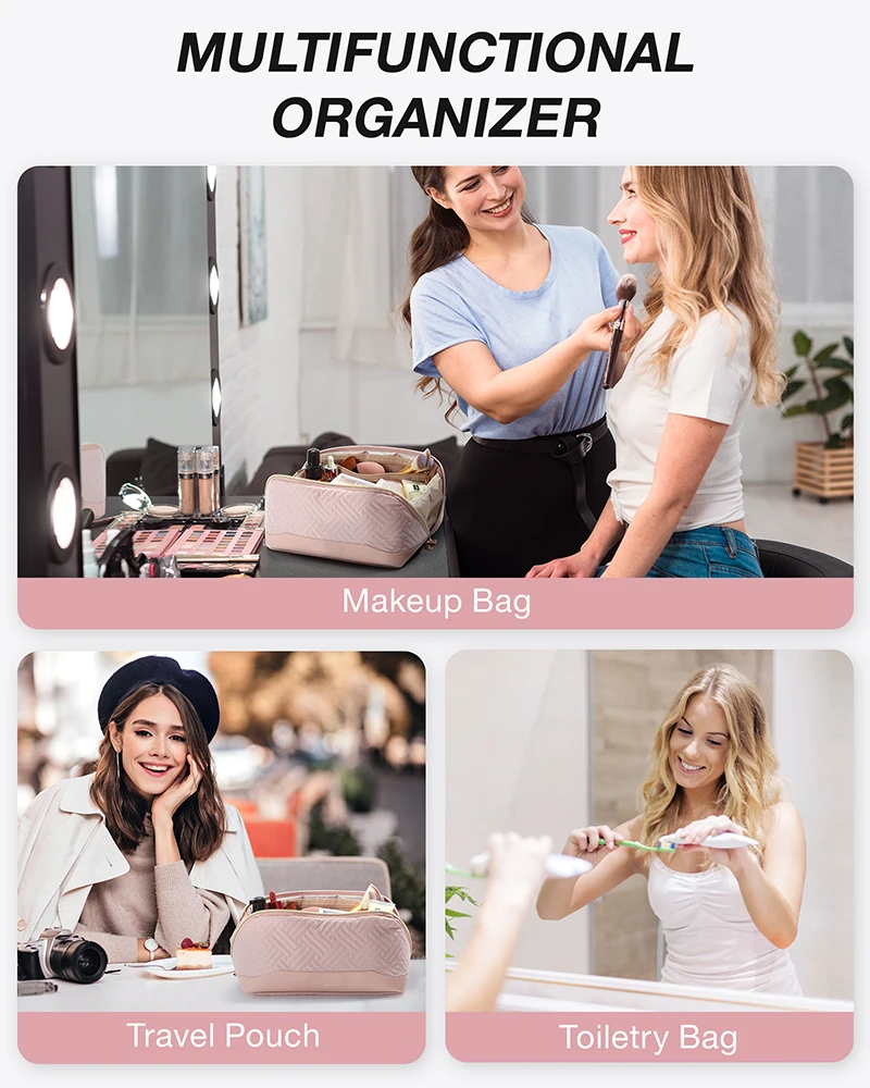 Large Capacity Travel Custom Toiletry Cosmetic Bag Flat Big Makeup Bag For Women Portable Waterproof Pu Leather Skincare Bag