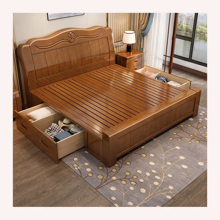 Modern Double Queen King Size Solid Oak Wood Tatami Bed Platform Bedroom Furniture with Floating Headboard and Storage Feature