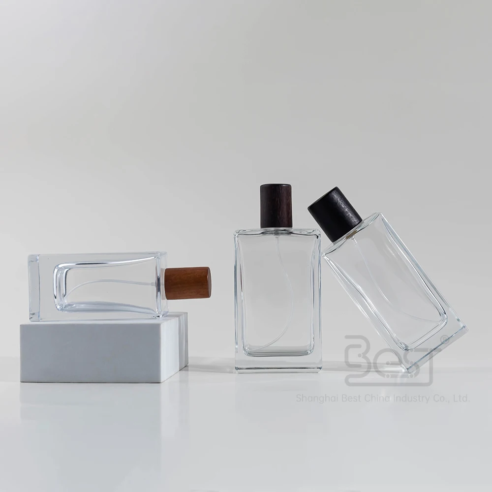 custom luxury refillable 30ml 50ml 100ml square glass perfume bottle wooden lid cap empty spray perfume bottles with box
