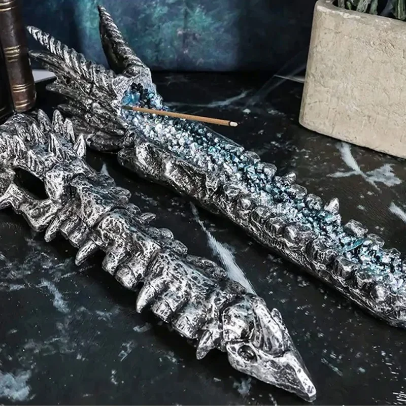 Custom resin ancient fossil triskele skull figurine incense burner dragon head skeleton incense stick holder with faux crystal