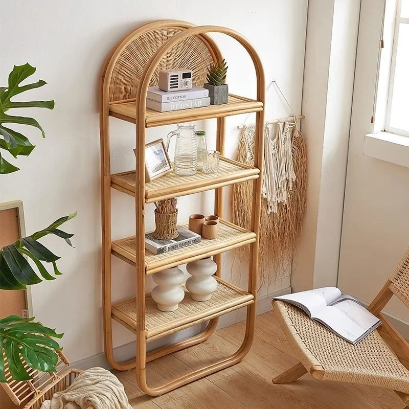 Modern simple household floor type multi-layer book storage rack rattan woven multi-purpose storage rack