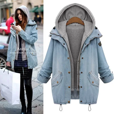 JACKETOWN Korean Women two piece hooded vest denim jeans jackets plus size denim coat for ladies