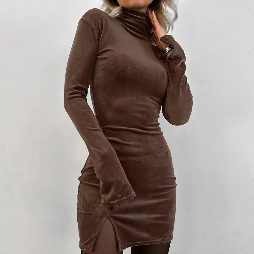 2024 Autumn winter fashion new short skirt sexy slim silver faux velvet wrapped hip high neck solid color long sleeve dress