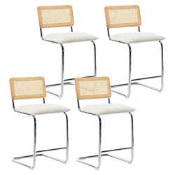 Factory Price Woven Cane Backrest Boucle Fabric Cushion Counter High Bar Stool Chair with Chrome Metal Legs