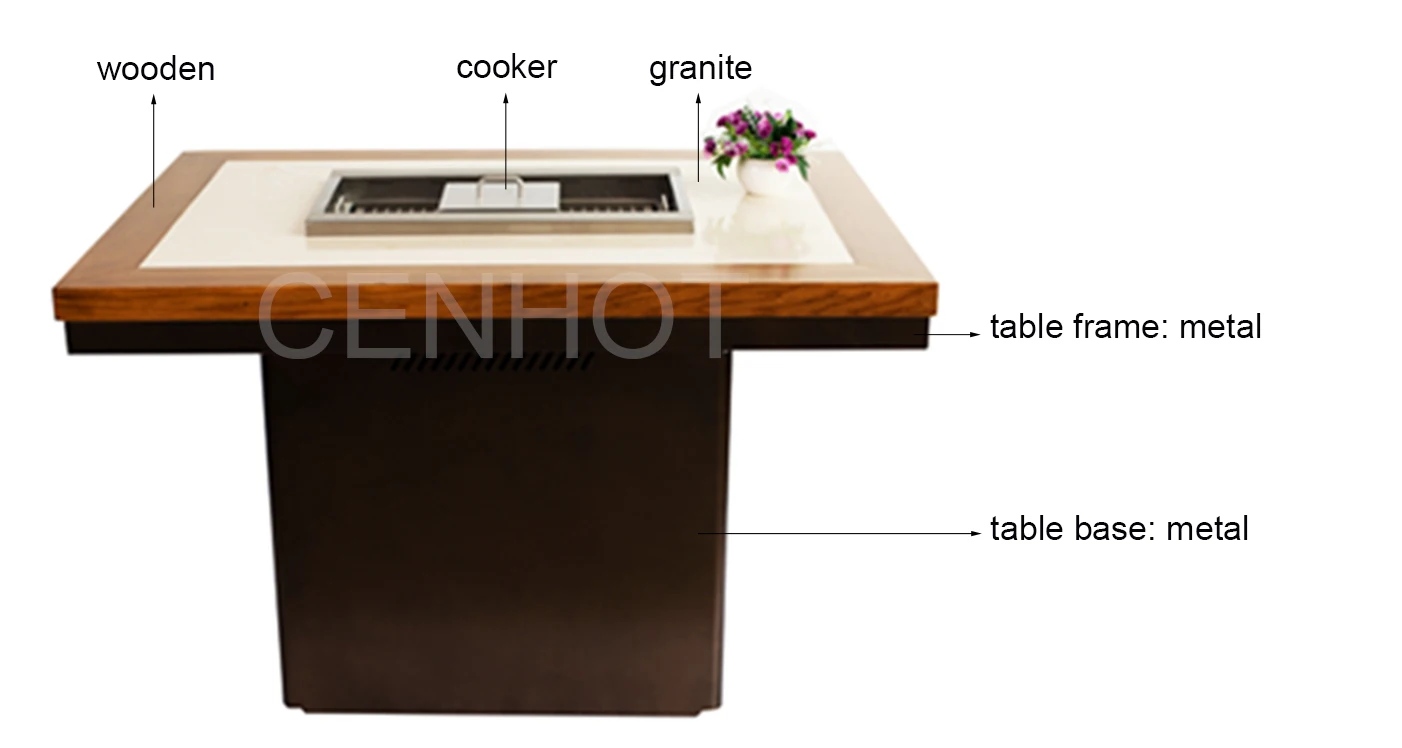 Cenhot Commercial Modern Wooden Granite Marble BBQ Grill And Hot Pot Table For Restaurant