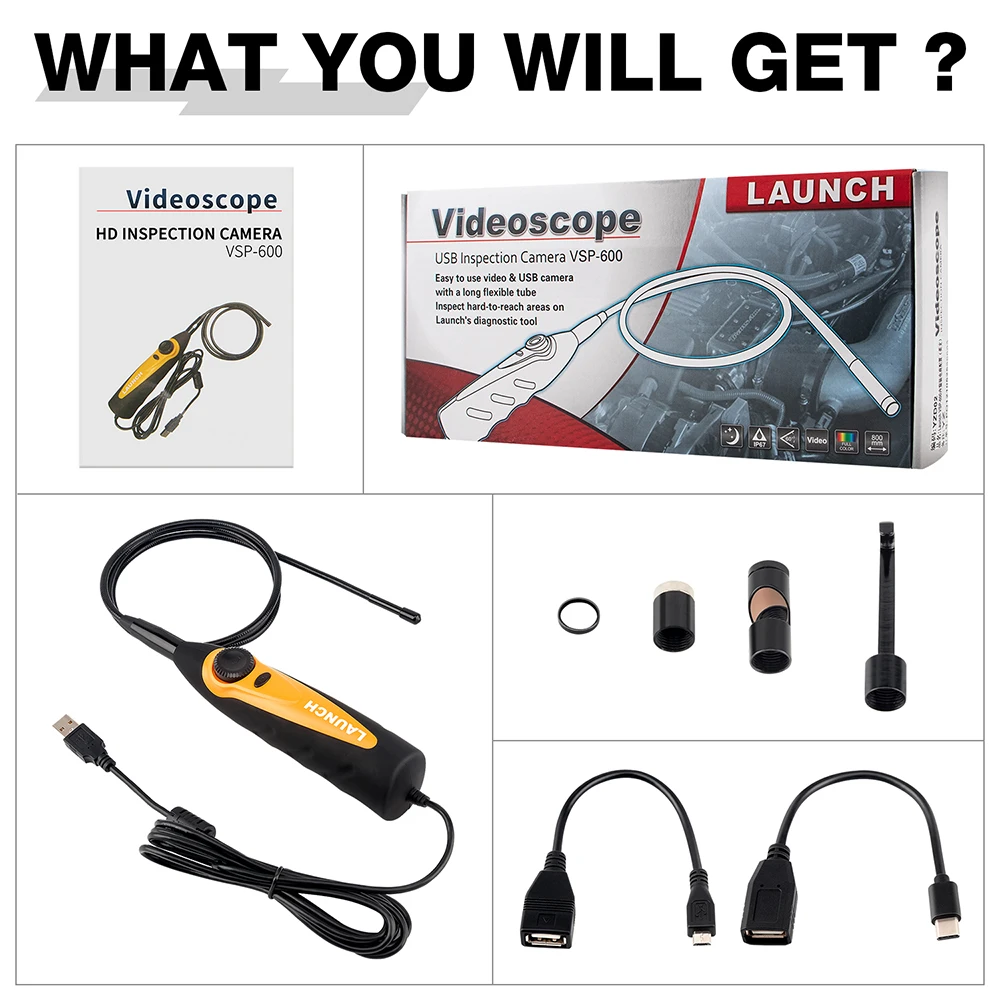 HD IP67 Video Borescope Camera 2M Cable 6 Adjustable LED Light Micro USB Type C Video Inspection LAUNCH X431 VSP600