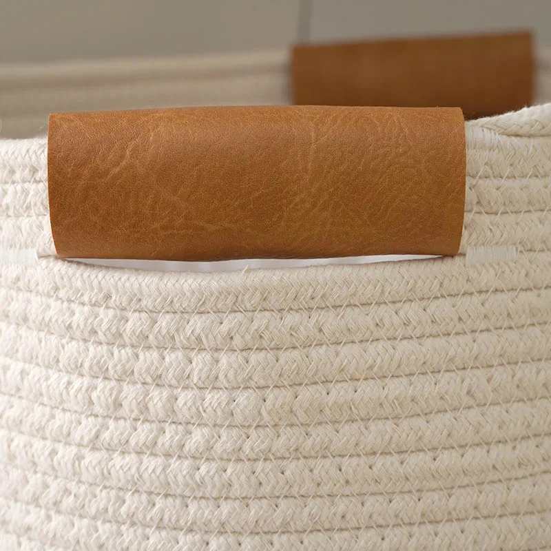 Leather Handle Large Cotton Rope Woven Laundry Basket Hot Color Collocation Capacity Storage Dirty Clothes