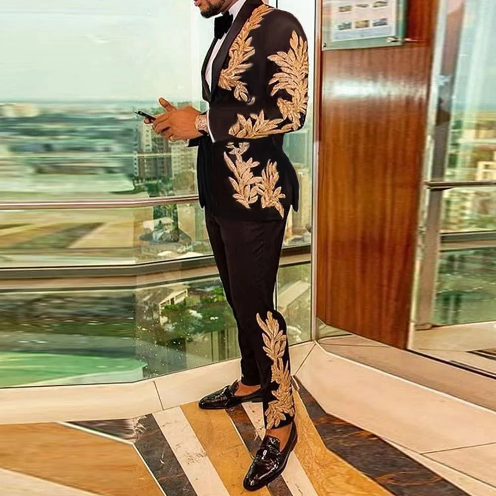 Men Suits 2 Pieces Embroidery Design Tuxedo Suit Mens s Slim Fit Sequin Set For Men Grooms Suits With Gold Applique