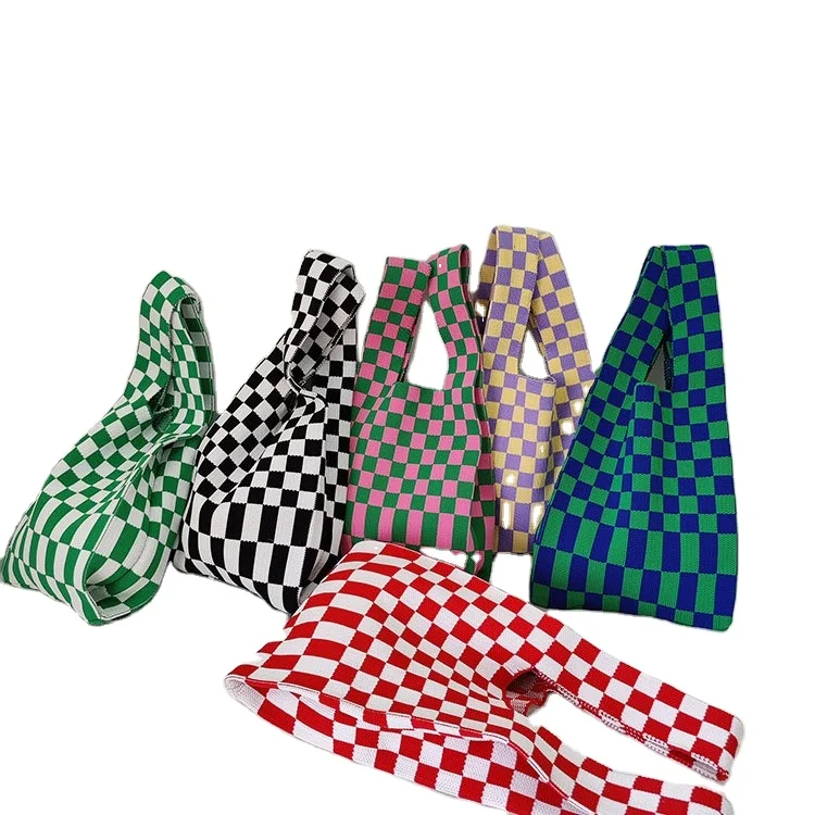 Factory Fashion Chessboard Pattern Lattice Crochet Handbag Women Wool Shoulder Bag Knitted Tote Bag