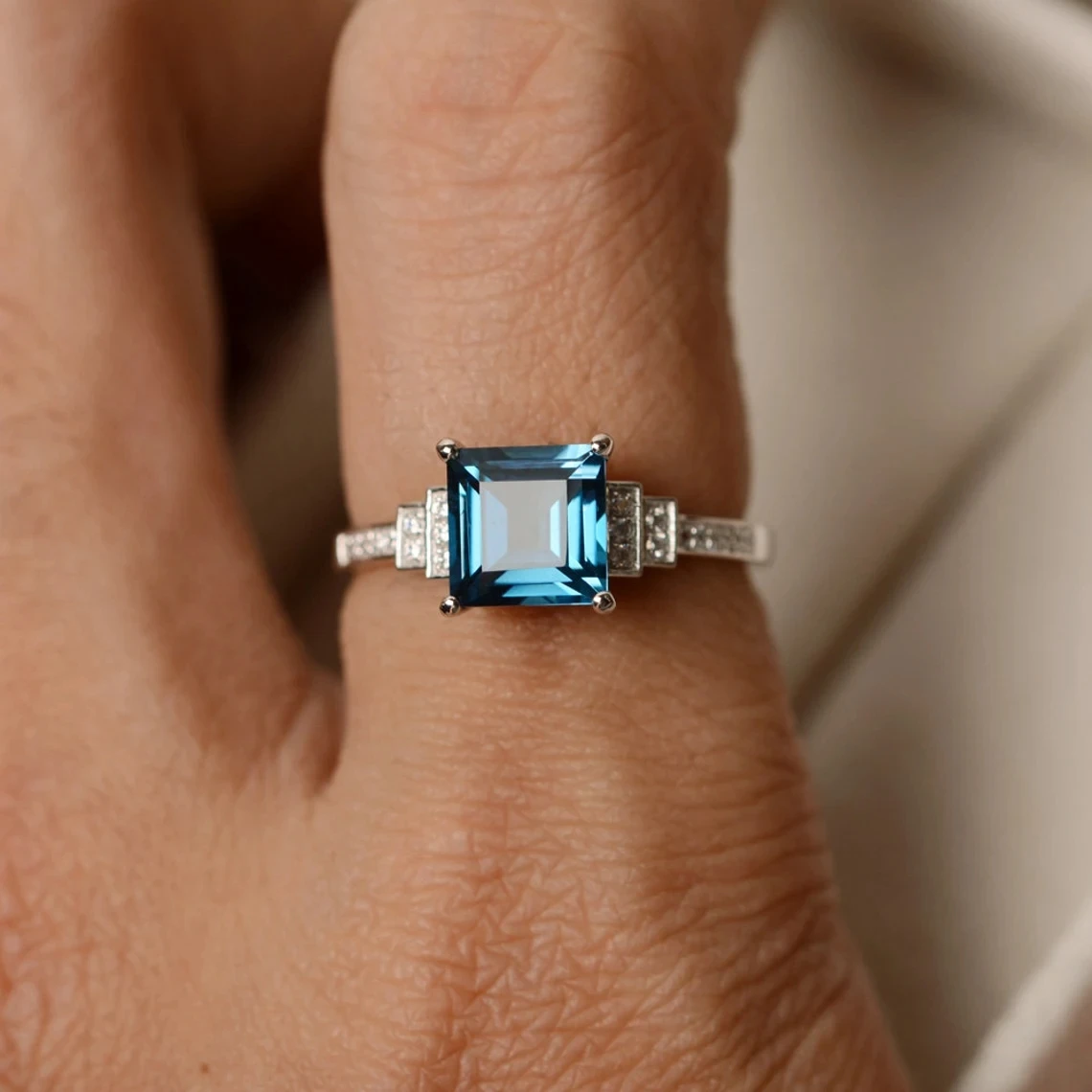 November Birthstone London Blue Topaz Ring Square Cut Ring Sterling Silver For Women Engagement Ring