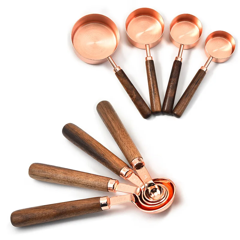 Rose Gold Stainless Steel Measuring Cups And Spoons Set with Wooden Handle Kitchen Baking Tools