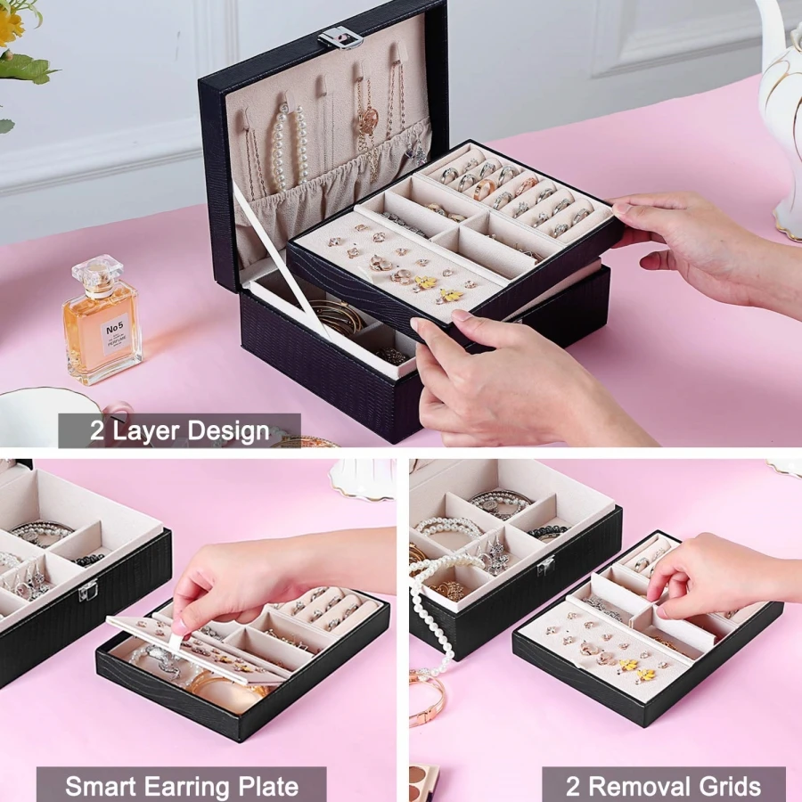 Lockable Leather 2 Layer Jewelry Holder Organizer Box Large Women Jewelry Storage Case for Ornament Accessories
