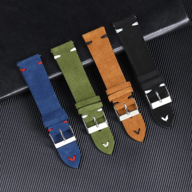 Suede Leather Watch Strap 18mm 19mm 20mm 21mm 22mm 24mm Grey Vintage Band Replacement Wristband Handmade Stitching Watchband